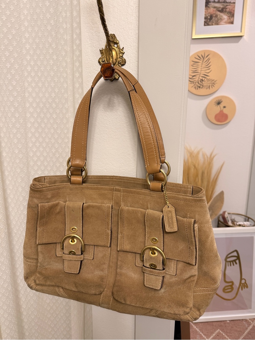 Coach Tan Suede Double-Pocket Shoulder Bag with Leather Straps